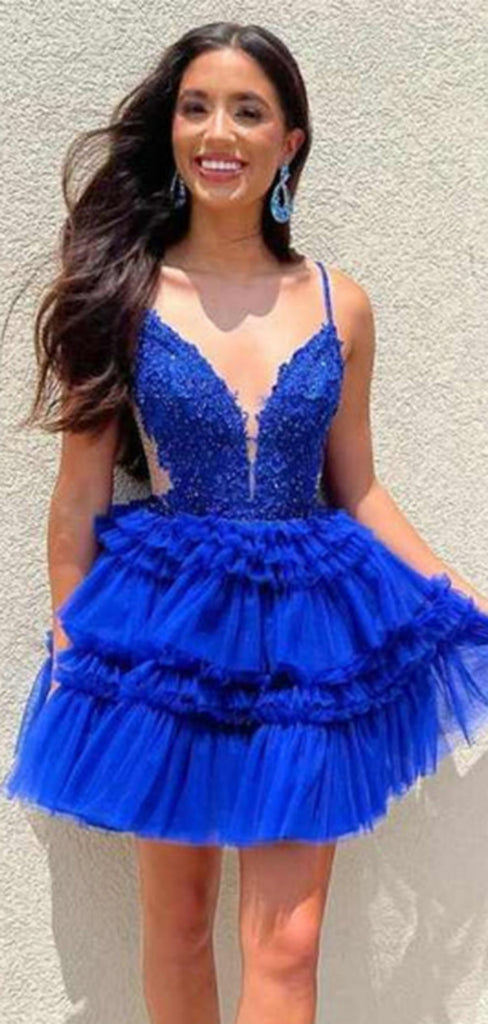 Sexy Spaghetti Strap V-neck Sleeveless Short A-line Tulle Homecoming Dresses For Party, PGH221