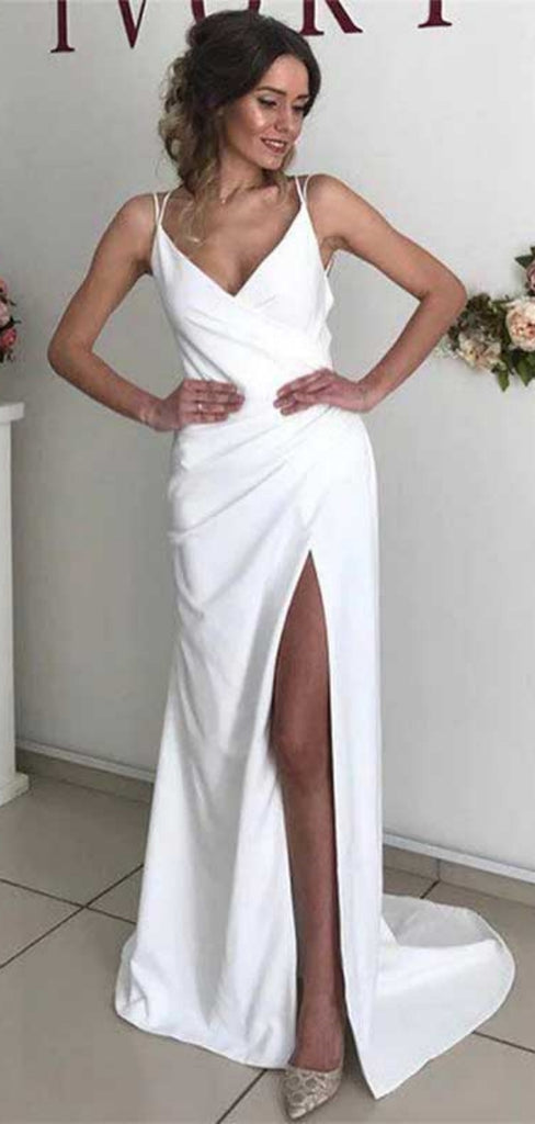 Sexy V-neck Sleeveless Mermaid Crepe Long Prom Dresses With Slit For Party, PG357