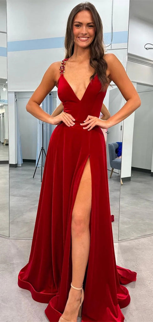 Elegant V-neck Sleeveless Red Velvet A-line Long Prom Dresses With Front Slit For Party, PG249