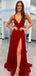 Elegant V-neck Sleeveless Red Velvet A-line Long Prom Dresses With Front Slit For Party, PG249