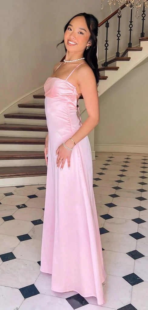 Simple Spaghetti Strap Sleeveless A-line Satin Long Prom Dresses For Party, PG309