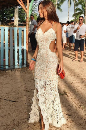 Elegant Spaghetti Strap Sleeveless Mermaid Lace Long Prom Dresses For Party, PG615