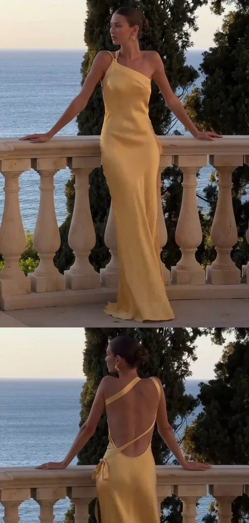Sexy One-shoulder Sleeveless Mermaid Satin Long Prom Dresses For Party, PG785