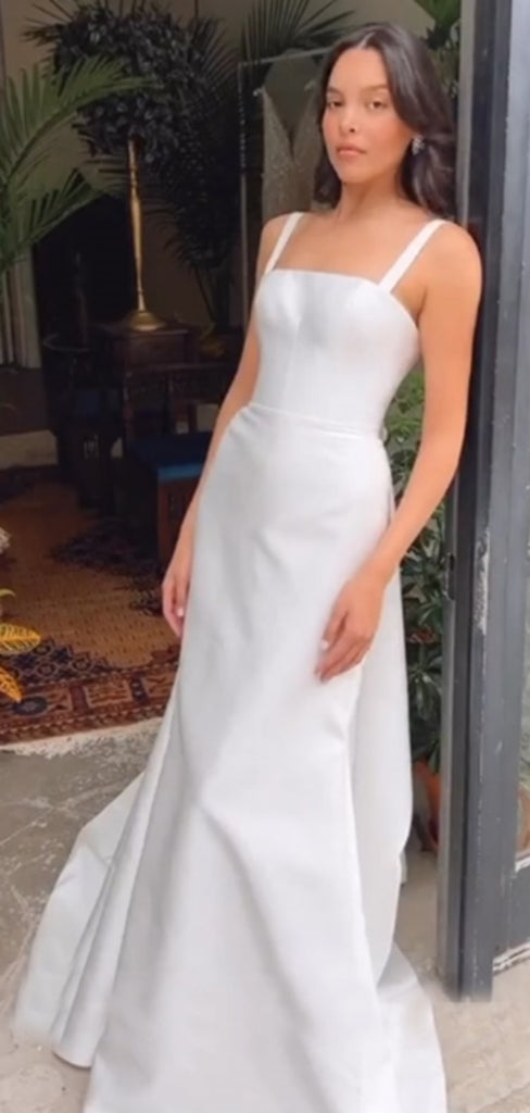 Simple Square Sleeveless Mermaid Satin White Long Prom Dresses For Party, PG409