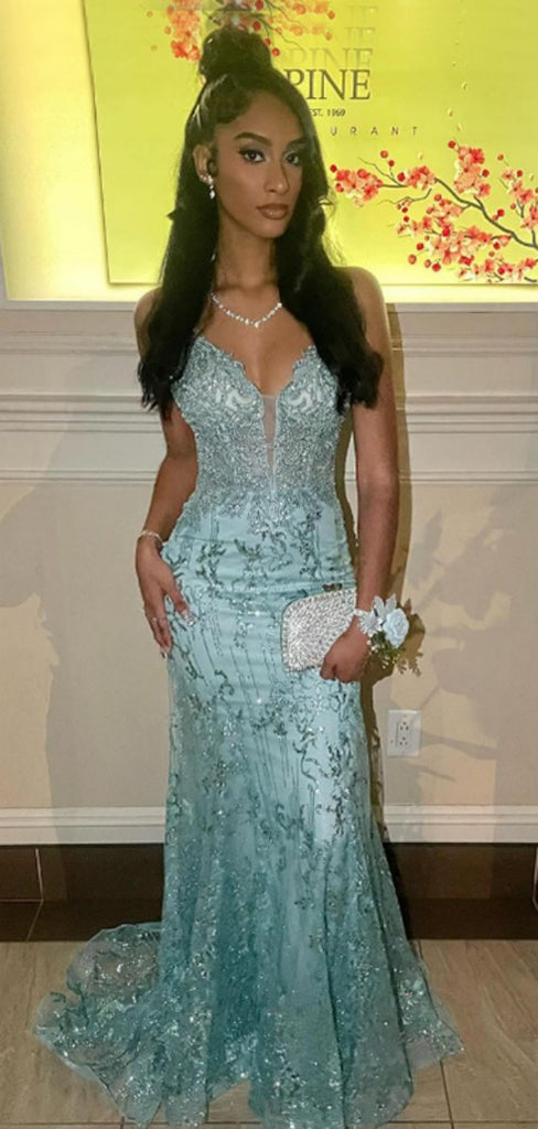 Elegant Spaghetti Strap V-neck Sleeveless Mermaid Lace Long Prom Dresses For Party, PG555