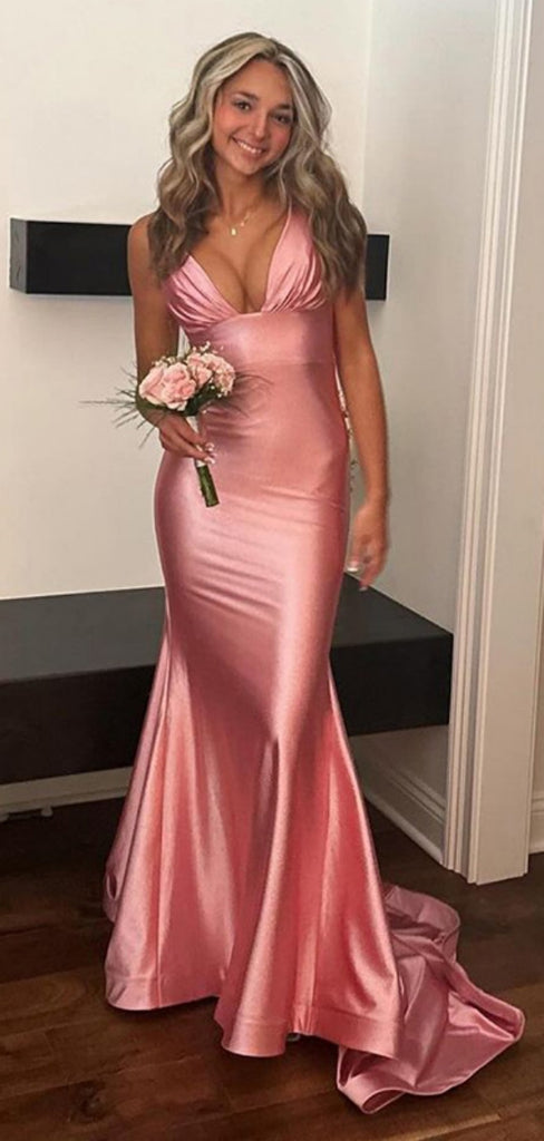 Sexy Spaghetti Strap V-neck Sleeveless Mermaid Satin Long Prom Dresses For Party, PG583