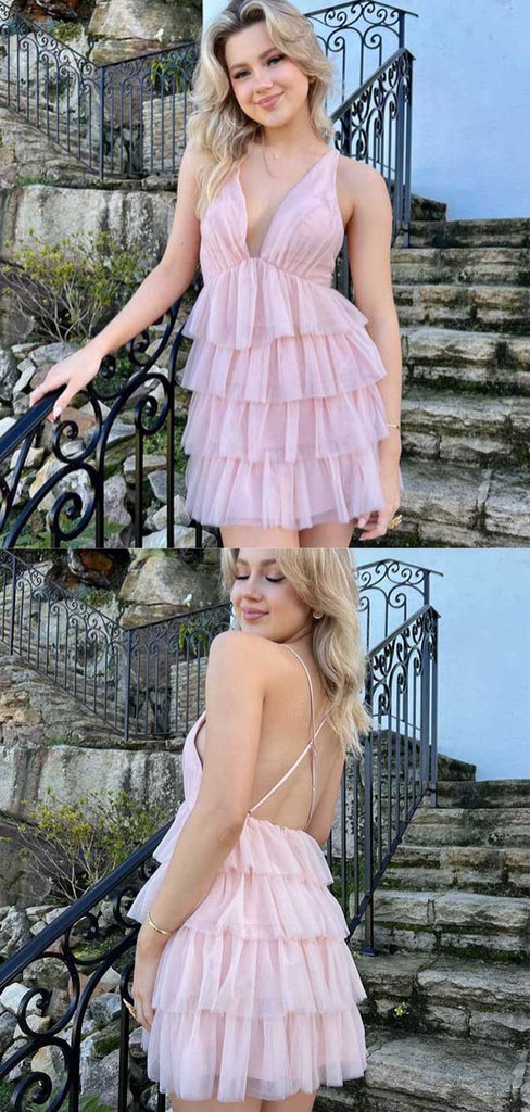 Cute V-neck Sleeveless A-line Tulle Pink Homecoming Dresses For Party, PGH449