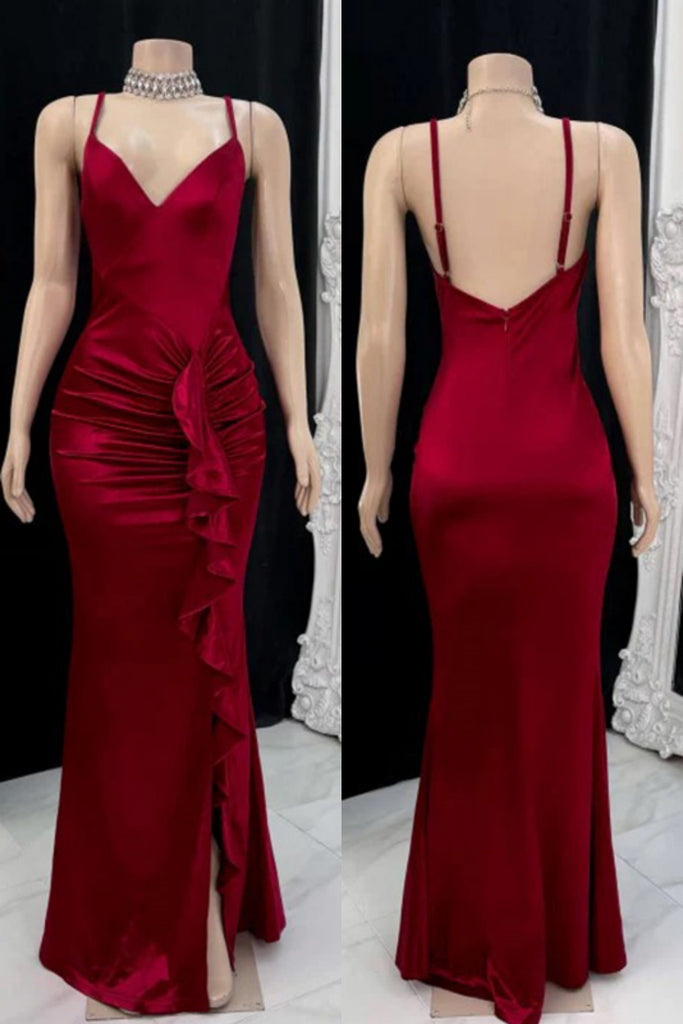 Sexy Spaghetti Strap Sleeveless Mermaid Satin Dark Red Long Prom Dresses With Slit For Party, PG449