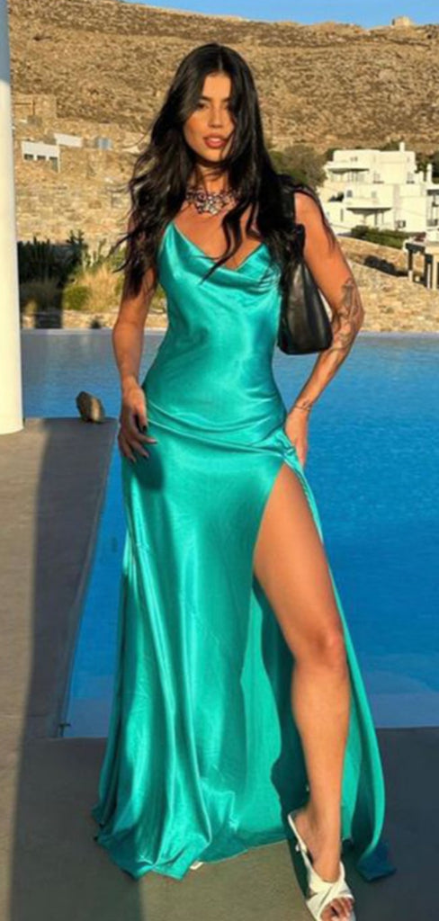 Sexy Spaghetti Strap Sleeveless Mermaid Satin Long Prom Dresses For Party, PG735