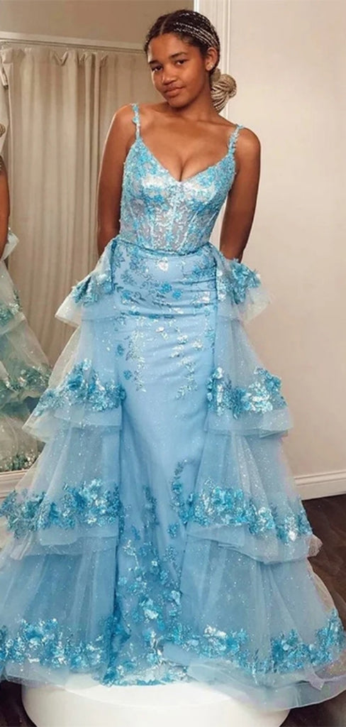 Elegant Spaghetti Strap V-neck Sleeveless Tulle Mermaid Long Prom Dresses With Trailing For Party, PG245