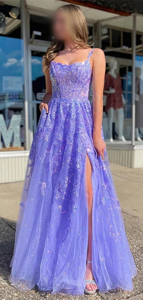 Elegant Spaghetti Strap Sleeveless A-line Tulle Long Prom Dresses With Slit For Party, PG260
