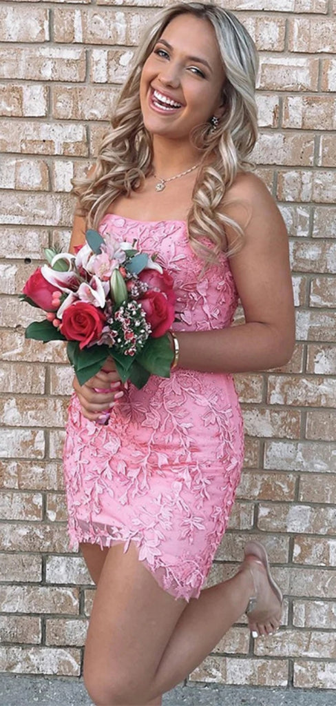 Sexy Sweetheart Sleeveless Short Mermaid Pink Lace Homecoming Dresses For Party, PGH261