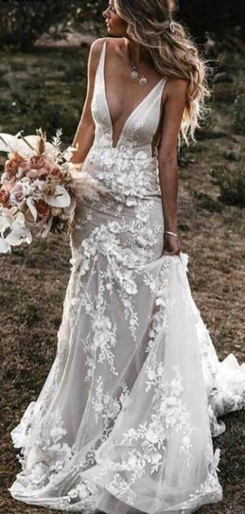 Elegant V-neck Sleeveless Mermaid White Lace Long Wedding Dresses With Trailing,PGW28