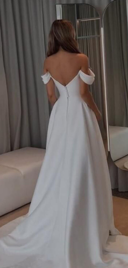 Elegant White Off-Shoulder A-Line Long Wedding Dresses With Sweep Trailing,PGW29