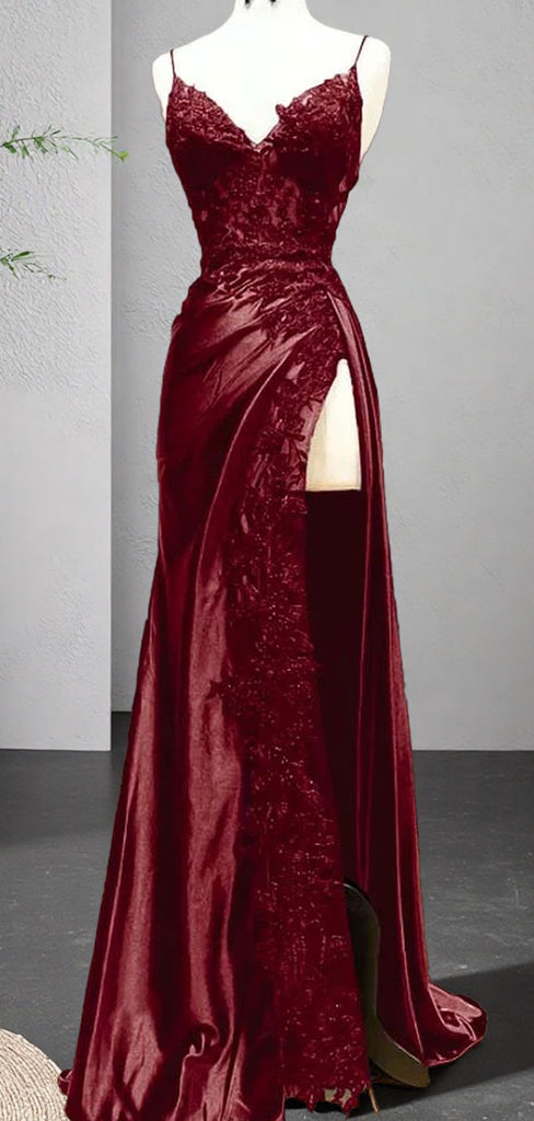 Gorgeous Red Spaghetti Strap Mermaid Side Slit Long Prom Dress Ideas, Evening Party Dresses , PG1035