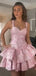 Cute Pink Spaghetti Strap A-Line Short Satin Homecoming Dresses For Party, PGH493