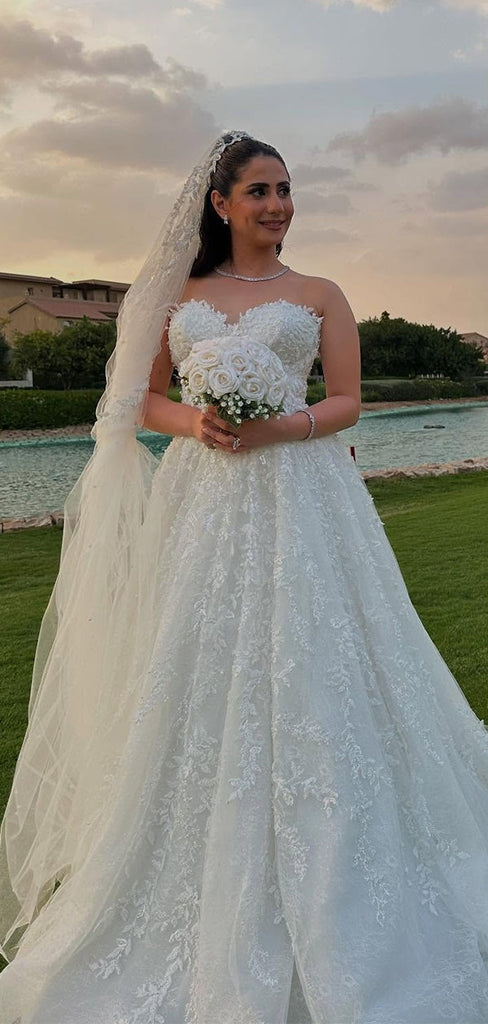 Elegant White Sweetheart Sleeveless A-Line Long Wedding Dresses With Sweep Trailing,PGW27