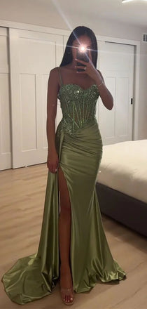 Sexy Green Spaghetti Strap Sleeveless Mermaid Side Slit Long Prom Dress Ideas, Evening Party Dresses , PG1029