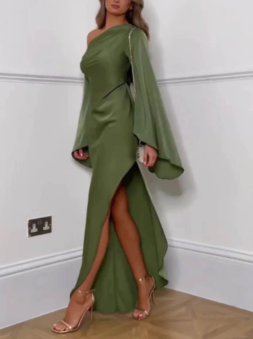 Soft One-shoulder Full Sleeve Mermaid Satin Long Prom Dresses For Party, PG943