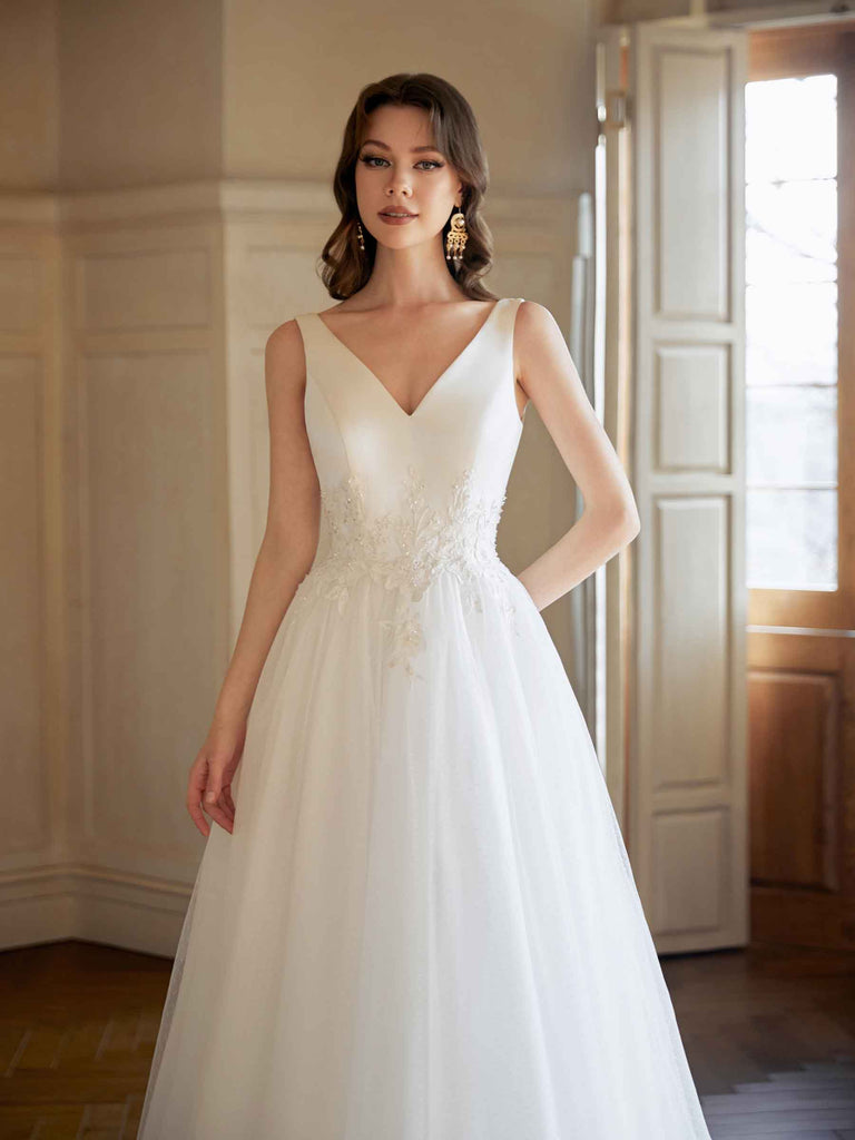 Elegant V-neck Sleeveless A-line White Long Wedding Dresses With Trailing, PGW03