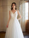 Elegant V-neck Sleeveless A-line White Long Wedding Dresses With Trailing, PGW03