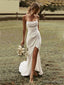 Simple Spaghetti Strap Sleeveless Mermaid White Satin Long Wedding Dresses With Trailing, PGW21