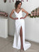 Sexy V-neck Sleeveless Mermaid Crepe Long Prom Dresses With Slit For Party, PG357