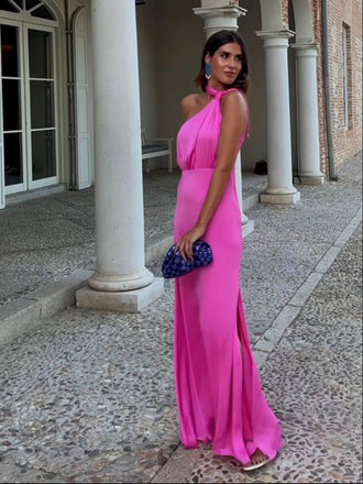 Soft One-shoulder Sleeveless Mermaid Satin Long Prom Dresses For Party, PG425