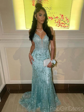 Elegant Spaghetti Strap V-neck Sleeveless Mermaid Lace Long Prom Dresses For Party, PG555