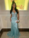 Elegant Spaghetti Strap V-neck Sleeveless Mermaid Lace Long Prom Dresses For Party, PG555