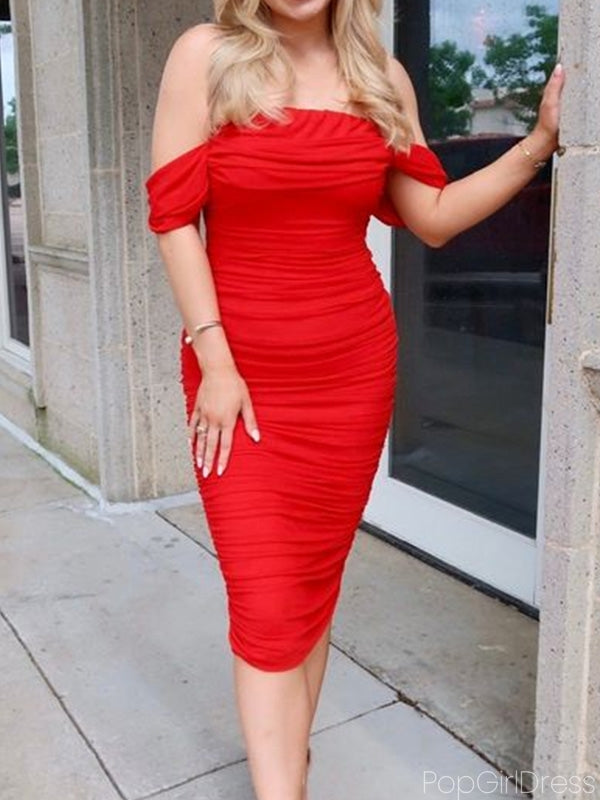 Sexy Off-shoulder Sleeveless Tea-length Mermaid Red Homecoming Dresses For Party, PGH99