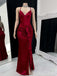 Sexy Spaghetti Strap Sleeveless Mermaid Satin Dark Red Long Prom Dresses With Slit For Party, PG449