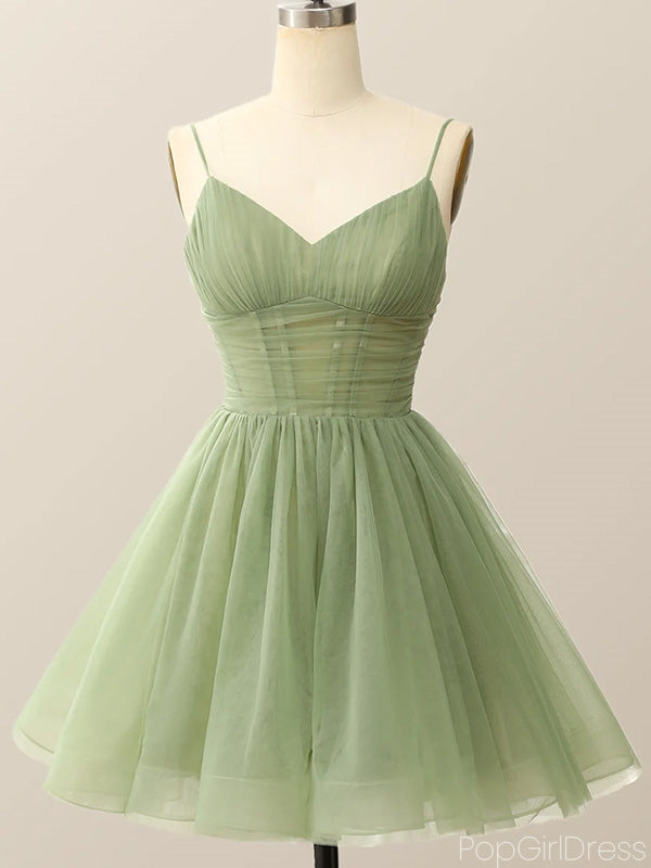 Gorgeous V-neck Spaghetti Strap Sleeveless Short A-line Green Homecoming Dresses, PGH54