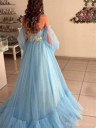 Elegant Off-shoulder Sleeveless A-line Tulle Long Prom Dresses For Party, PG373