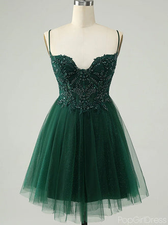 Gorgeous Spaghetti Strap Sleeveless Short A-line Dark Green Homecoming Dresses, PGH55