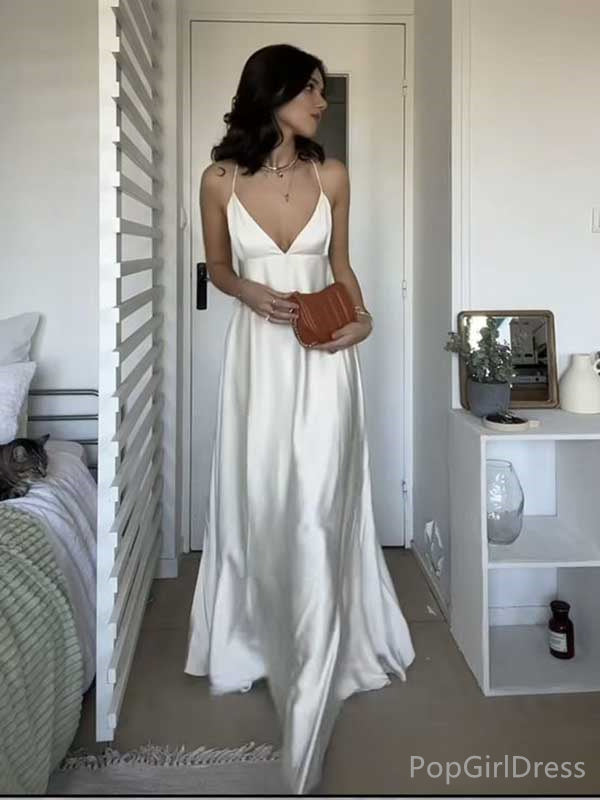 Soft Spaghetti Strap V-neck Sleeveless A-line Satin Long Prom Dresses For Party, PG401