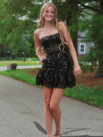 Elegant Sweetheart Sleeveless Short A-line Black Homecoming Dresses For Party, PGH105