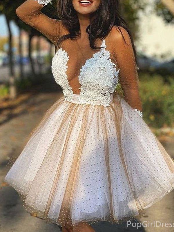 Sexy Spaghetti Strap V-neck Sleeveless A-line Lace Short Homecoming Dresses For Party, PGH377