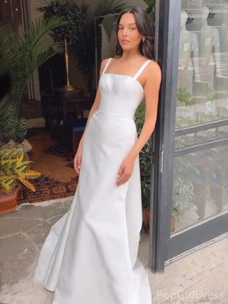 Simple Square Sleeveless Mermaid Satin White Long Prom Dresses For Party, PG409