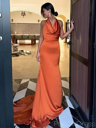 Simple Halter Sleeveless Mermaid Satin Long Prom Dresses For Party, PG627