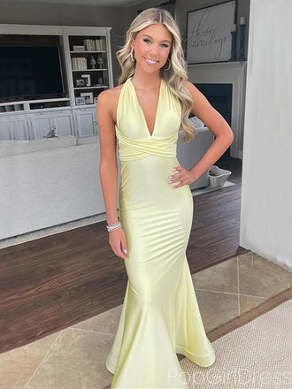 Sexy V-neck Sleeveless Mermaid Satin Long Prom Dresses For Party, PG799
