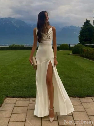 Simple Spaghetti Strap Sleeveless Mermaid Satin Long Prom Dresses With Slit For Party, PG321