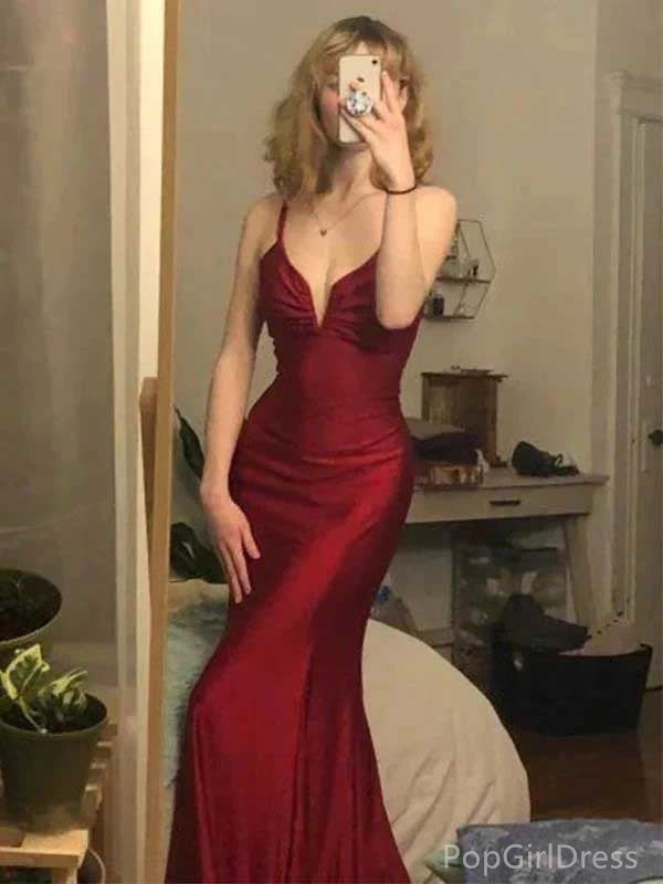 Sexy Spaghetti Strap Sleeveless Mermaid Satin Long Prom Dresses For Party, PG377