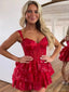 Shiny Spaghetti Strap Sleeveless Spakly Short Red A-line Homecoming Dresses, PGH47