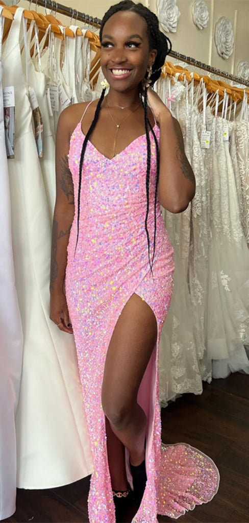 Sexy V-neck Sleeveless Mermaid Sequin Long Prom Dresses With Slit For Party, PG209