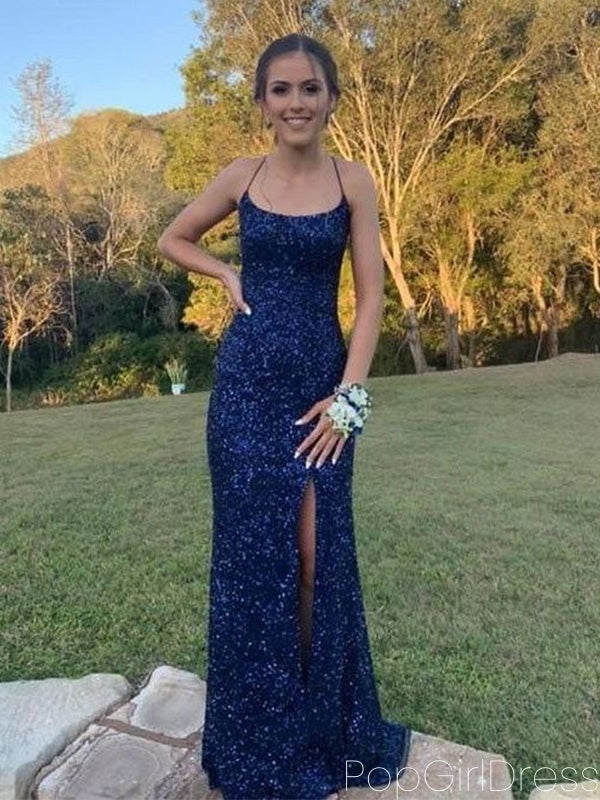 Sexy Spaghetti Strap Sleeveless Mermaid Sequin Long Prom Dresses For Party, PG697