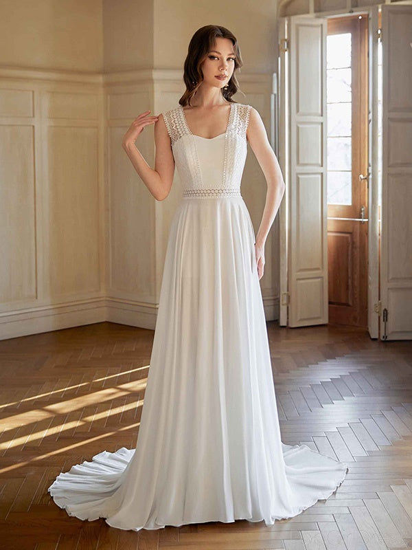 Formal Square Sleeveless A-line White Wedding Dresses With Trailing, PGW01