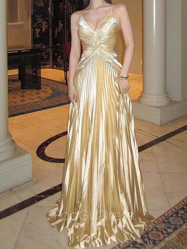 Elegant Spaghetti Strap V-neck Sleeveless A-line Satin Long Prom Dresses For Party, PG477