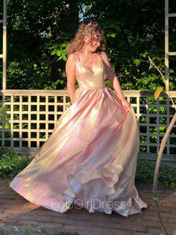 Cute Spaghetti Strap Sleeveless A-line Satin Pink Long Prom Dresses For Party, PG507