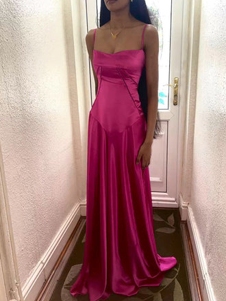 Soft Spaghetti Strap Sleeveless A-line Satin Long Prom Dresses For Party, PG459
